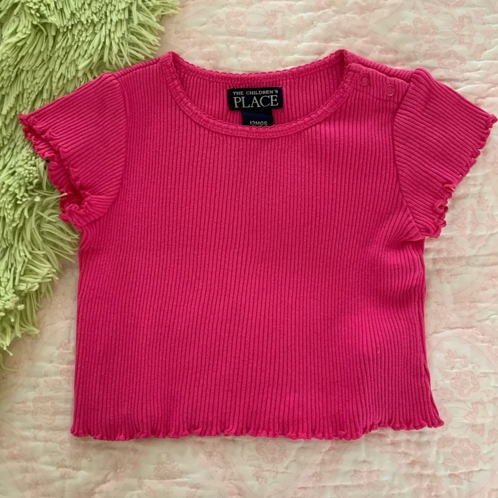 Children's Place Shirt Baby Girls 12 Months Hot Pink Ribbed Scalloped Stretchy
